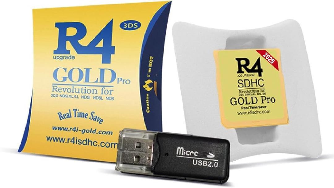 2025 R4 SDHC Gold Pro Card Dual Core Revolution Cartridge + USB Adapter & 16GB MicroSD TF Card KIT, for New 2DS/3DS/LL/XL NDSL NDSI, 208 in 1 Preloaded
