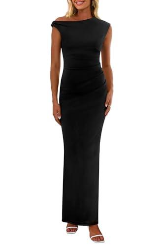 REORIA Women's 2025 Summer Formal Maxi Dresses Sleeveless One Shoulder Bodycon Ruched Mesh Wedding Guest Cocktail Dress (Black,S )