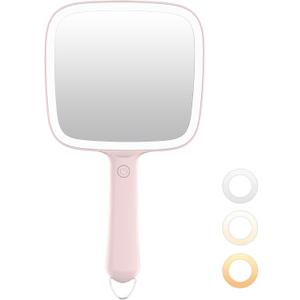Famihomii Lighted Handheld Mirror, Handheld Mirror with 3 Light Color, Led Hand Mirror for Women, Makeup Mirror with Handle Hole Hanging Portable Travel Vanity for Girls, Battery Operated, Gifts (Pink)