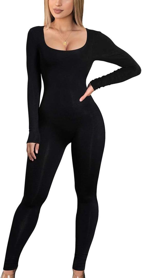 GOBLES Women's Sexy Long Sleeve High Waist Zipper Back Bodycon Jumpsuit Rompers (Large, Black)