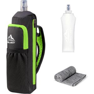 Zelvot Handheld Water Bottle Running, 17 oz Running Water Bottle Hand with Sport Towel and Phone Holder, BPA Free Hand Held Soft Flask with Adjustable Hydration Pack for Runners (Green)