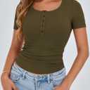 PRETTYGARDEN Womens 2026 Summer Short Sleeve Tops Ribbed Henley Button Slim Fit Basic Casual T Shirts Blouse Fashion Clothing (Large, Army Green)