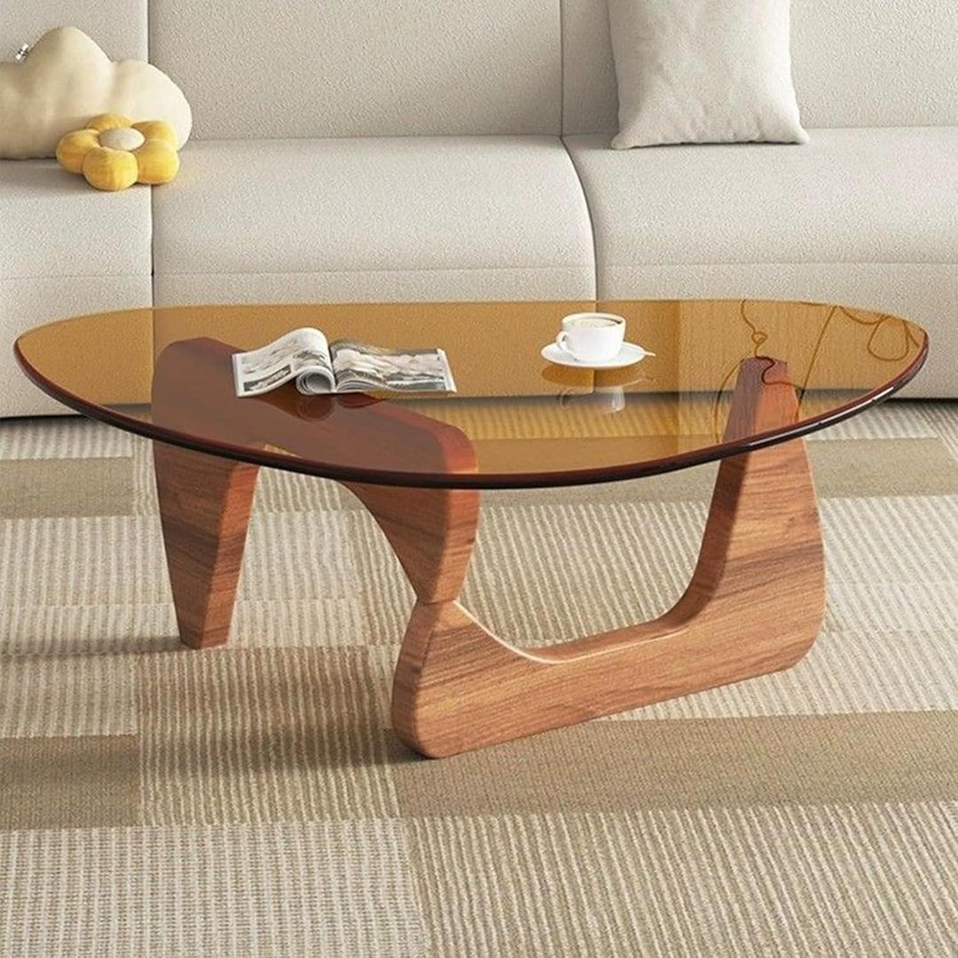 EASYSOUL Modern Glass Coffee Table, 44.88" D x 32.28" W x 15.75" H, Abstract Round Tea Tables for Living Room Home Office Industrial Cocktail Tables (Walnut-Brown Glass, 44.88")