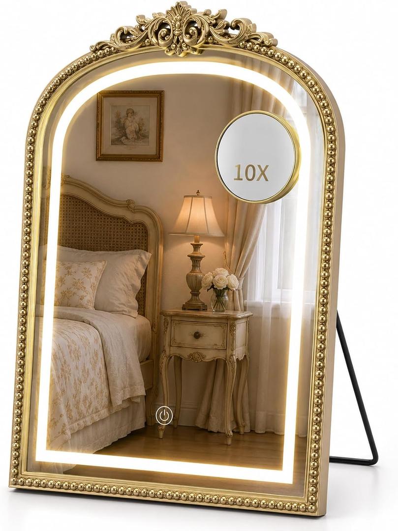 Vintage Makeup Vanity Mirror with 3-Color Lights, 10X, Gold
14"x20" Antique Carved Arch Makeup Mirror with 3 Color Modes, Detachable 10X, Smart Touch, Memory Function for Bedroom