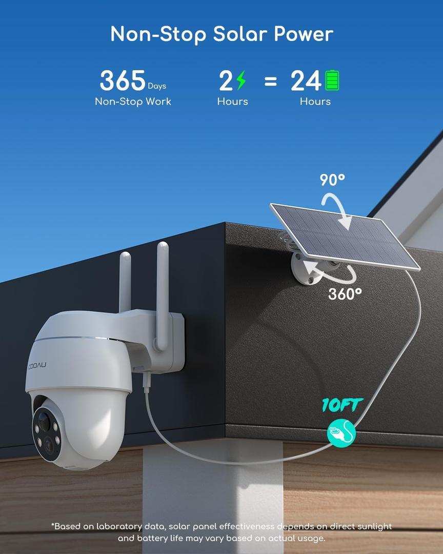 COOAU Solar Security Cameras Wireless Outdoor, 1 Cam-Kit, 4MP Cameras for Home Security System, 360° Pan & Tilt, Color Night Vision, Motion Detection, No Monthly Fee, Siren Alarm, IP66,64GB Card