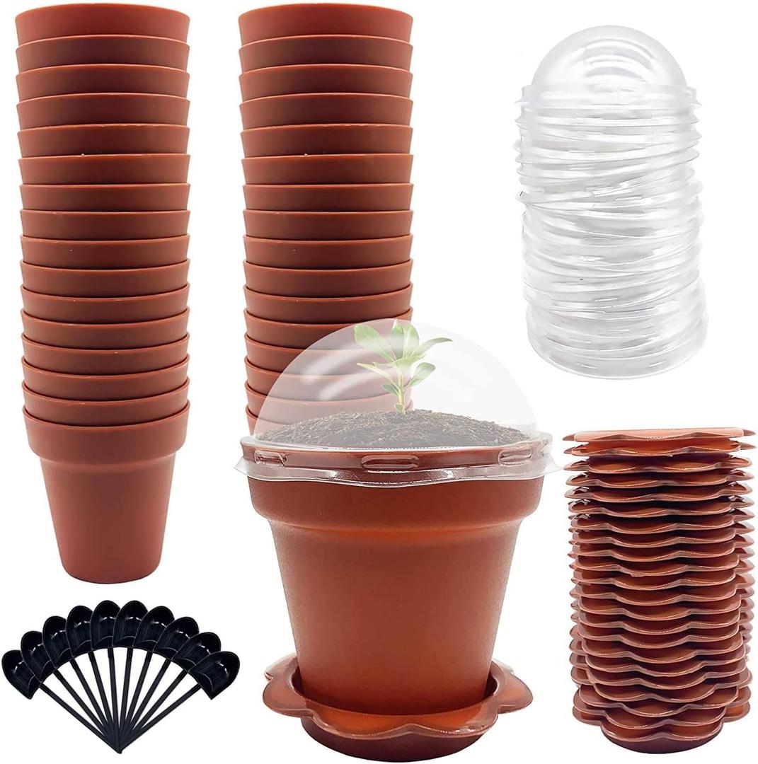 PURPLE STAR 1N 30 Pack Cupcake Plant Nursery Pots with Humidity Dome- Small Plastic Flower Pots with Saucers and Shovel for Indoor Outdoor Seedling Succulent Vegetable