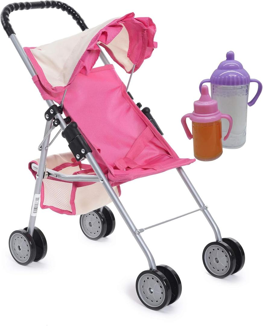Fash N Kolor My First Doll Stroller With Basket – Pink Off-White Foldable Doll Stroller – Fits Up To 18" Dolls, 2 Free Magic Bottles Included