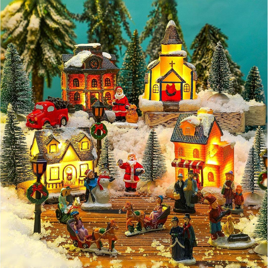 Wettarn 26 Pcs LED Christmas Villages Houses Sets Xmas Figurines Decoration Lighted LED Christmas Village Houses Building Collectible Home Decoration Xmas Gifts Indoor Room Decor