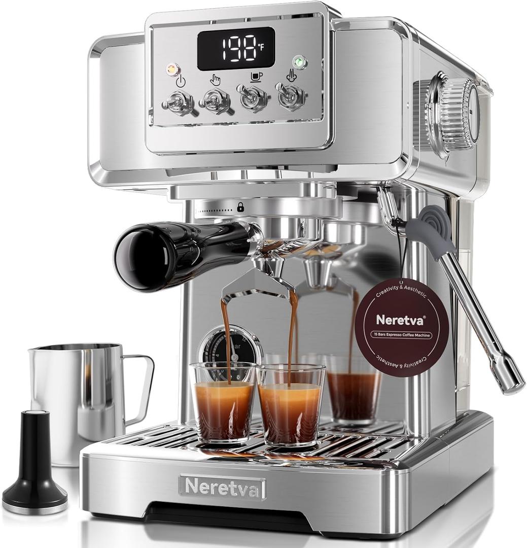 Neretva 15Bar Espresso Coffee Machine with Pressure Gauge, Instant Heating, Beginner-Friendly