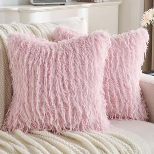 FUTEI Pack of 2 Faux Feather Plush Throw Pillow Covers 18x18 Inch Soft Fluffy Solid Farmhouse Decorative Cushion Cases Modern Luxury Accent for Couch Bed Living Room, Pink