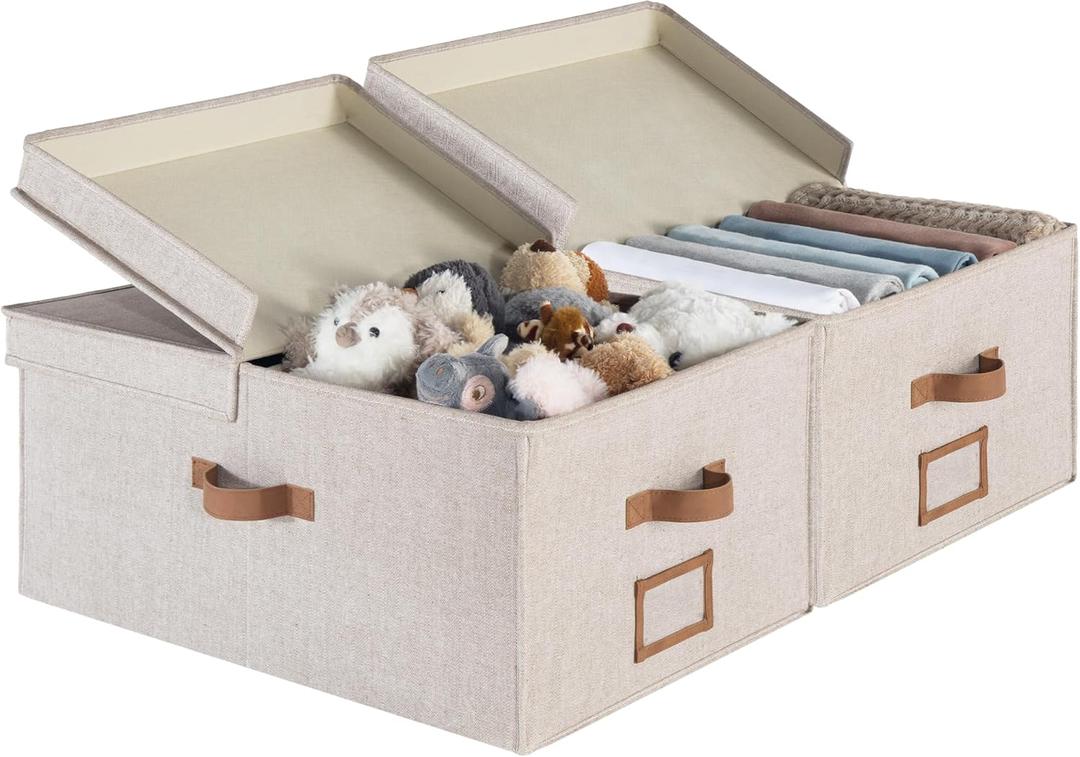 StorageWorks Extra Large Storage Bins with Lids, 55L Decorative Organizer with Divider Board, Fabric Boxes with Handles, Mixing of Brown & Beige, 2-Pack (Jumbo)