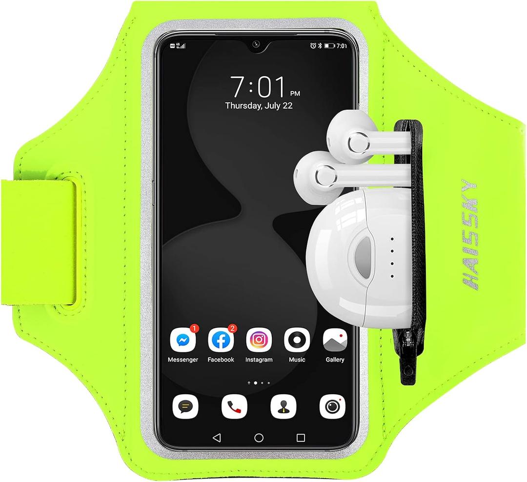 Running Armband with Earphone Bag Cell Phone Armband for iPhone 16 15 Pro 14 Plus 13 11 XR XS, Galaxy S24/S10 Water Resistant Sports Phone Holder Case & Zipper Slot Car Key Holder for 6.7 inch Phone (Green (Up to 6.7'')
