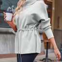 Fisoew Women's Turtleneck Sweatshirts Fleece Drawstring Waist Casual Long Sleeve Pullover Sweater Side Slit Tunic Tops (Gray)