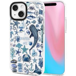 ChiCsFleur for iPhone 15 Case, TPU Phone case with Camera Protection for Women Girls Teens - Blue Whale Shark Stingray Coral Starfish Crab Beautiful Mess Ocean Collage Sorority Aesthetic Unique