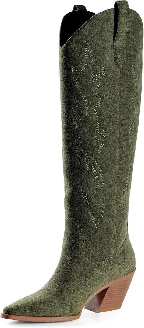 iiimmu Cowgirl Boots Women Knee High Boots Pointed Toe and Block Heel Cowboy Suede and Faux Leather Boots with Embroidered ( Green, Size 9)
