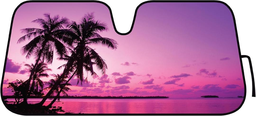 BDK Purple Sunset Beach Front Windshield Sunshade Accordion Folding Style Auto Shade for Car Truck SUV Van Blocks UV Rays Sun Visor Protector Easy Setup Keeps Your Vehicle Cool - 58 x 27 inches