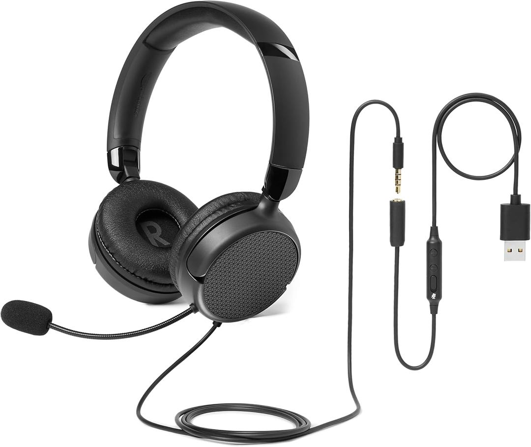 On Ear Wired Computer Headset with Adjustable Microphone, 3.5mm Port or in-Line Control with USB-A Port, Foldable, Clear Sound, Small/Medium Size, Black