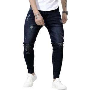 HUNGSON Skinny Jeans for Men Stretch Slim Fit Ripped Distressed (Blue)