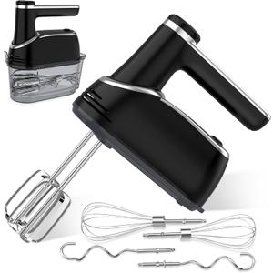 Cordless Electric Hand Mixer: 12 Speeds Powerful Handheld Mixer with 6 Stainless Steel Attachments (2 Beaters, 2 Dough Hooks, 2 Whisks), Snap-On Storage Case & Eject Button (Black)
