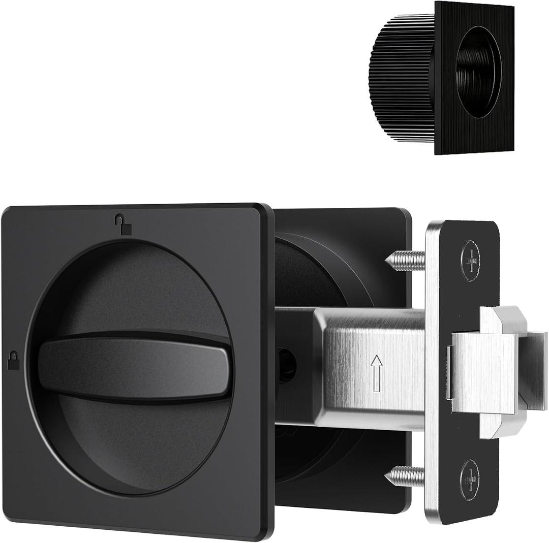 AST Square Pocket Door Lock with Edge Pull, Sturdy Privacy Bifold and Cavity Sliding Door Lock with Flush Pull, Replacement Hardware with Latch, Made of Zinc Alloy, Matte Black