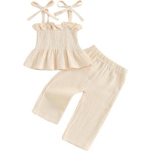 VISGOGO Infant Baby Toddler Girls Clothes Solid Color Sleeveless Camisole Linen Pants Set Baby Summer Outfits