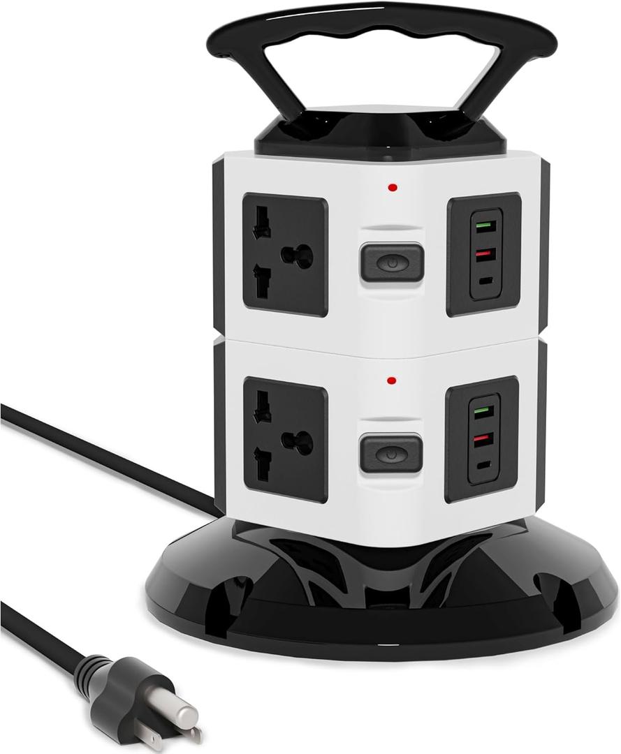 Power Strip Tower with 6 Outlets, 4 USB-A & 2 USB-C Ports, 1875W/15A Heavy Duty Charging Station for Multiple Devices, Plug Tower with 6ft Extension Cord, for Home, Office, Dorm