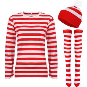Haysandy Halloween Costume Set Striped Cosplay Shirt Hat Sock for Christmas Party Outfit (Large, Red White)