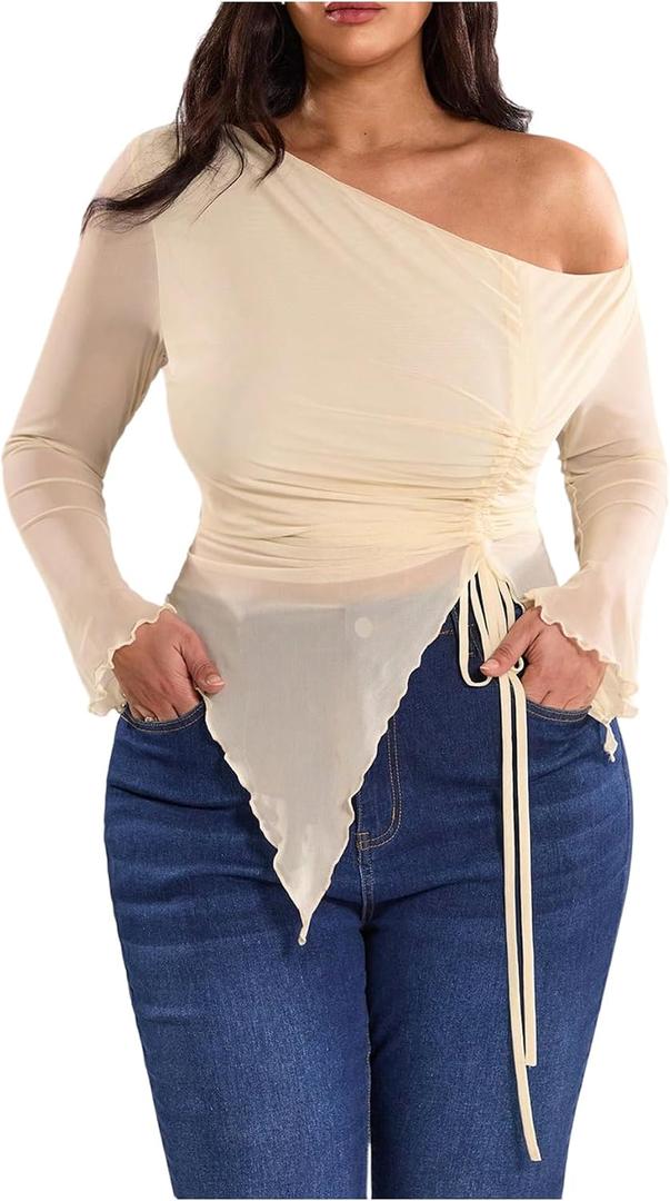 RoseSeek Women's Plus Size Sheer Mesh Off Shoulder Tops Long Sleeve Drawstring Asymmetrical Hem Ruched T Shirt Apricot XX-Large Plus