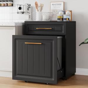 ZIFTY Double Pull Out Trash Can Cabinet, 2×10 Gallon, Laundry Hamper, Black | Pet Proof, Freestanding Kitchen Trash Cabinet, Hideaway Drawer, Garbage Recycling, Modern Farmhouse Waste Bin Furniture