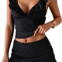 SOLY HUX Women's Tankini Swimsuits V Neck Ruffle Swim Top and Skirt Summer Beach Two Piece Bathing Suit (Large, Plain Black)