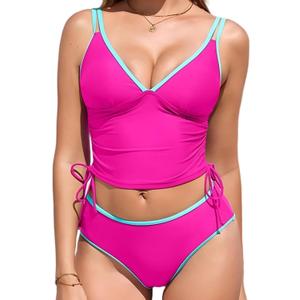 RIHOAS Women's Tankini Swimsuits Tummy Control Two Piece Bathing Suits Drawstring V Neck Top with High Waisted Bottom, Size: Large