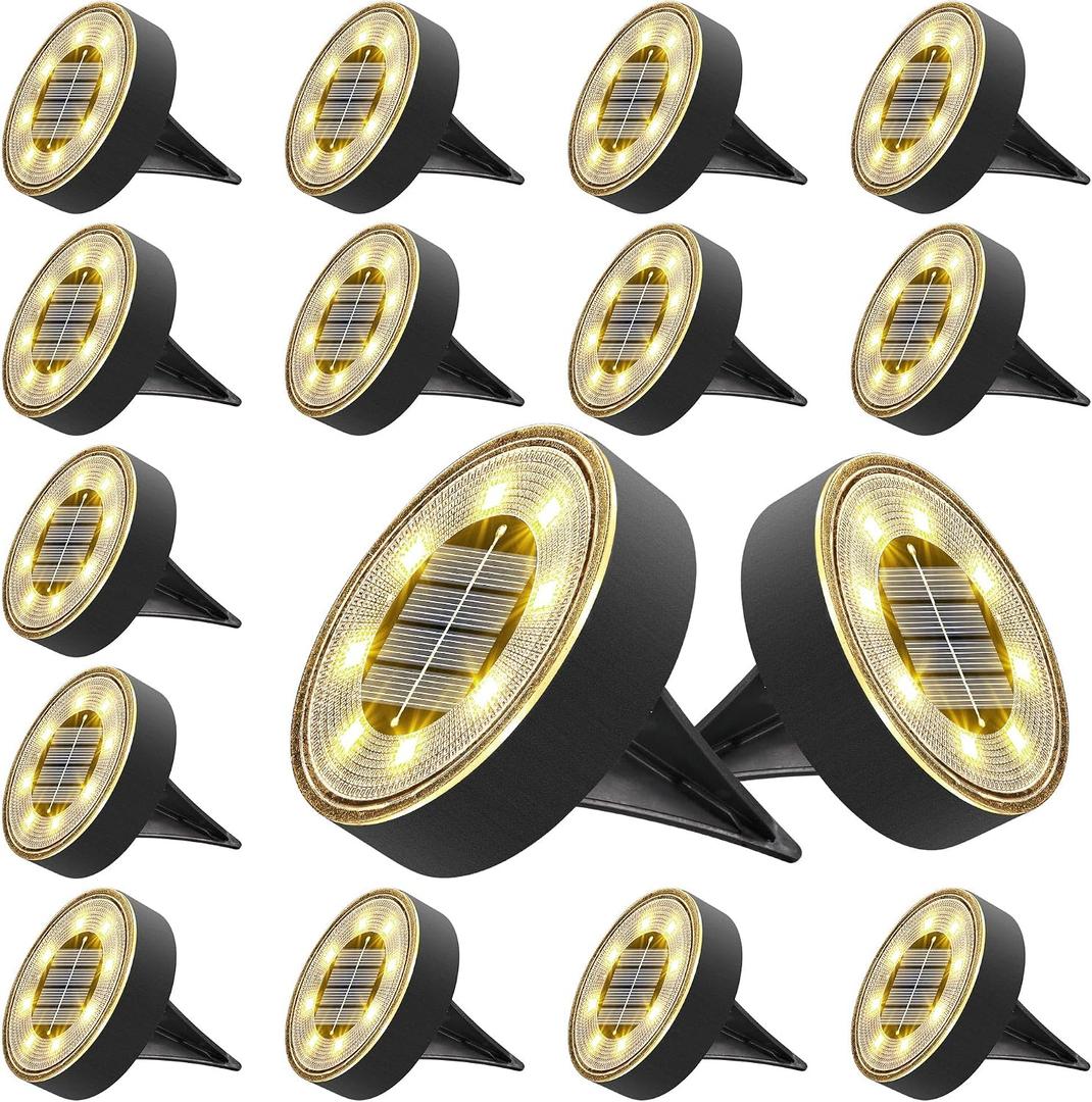 Joomer Solar Ground Lights, 16 Pack 8 LED Solar Lights Outdoor IP68 Waterproof Disc Light In-Ground Landscape Lighting Outdoor for Patio Pathway Lawn Yard Driveway Walkway (Warm White)