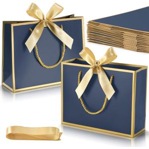 DOYIDE 12 Pcs Thank You Gift Bags with Handles, 9x7x3.1in Paper Gift Bags with Bow Ribbon, Blue Party Favor Bags for Any Birthday Wedding Baby Shower Bridesmaid Party Medium Gift Wrap Bags