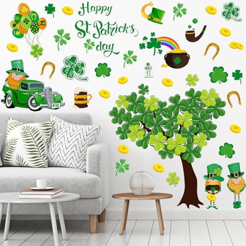 Resurhang Large St. Patrick's Day Tree Wall Stickers Clover Tree Gnome Wall Decals Green Shamrock Removable Gold Coins Mural Decor for Irish Holiday Office Home, 2 Sheets