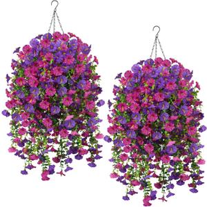12PCS Artificial Hanging Plants Outdoors 2 Packs Fuchsia Fake Hanging Baskets with Fake Petunias Outdoor Flowers Artificial for Porch Balcony Garden Decor