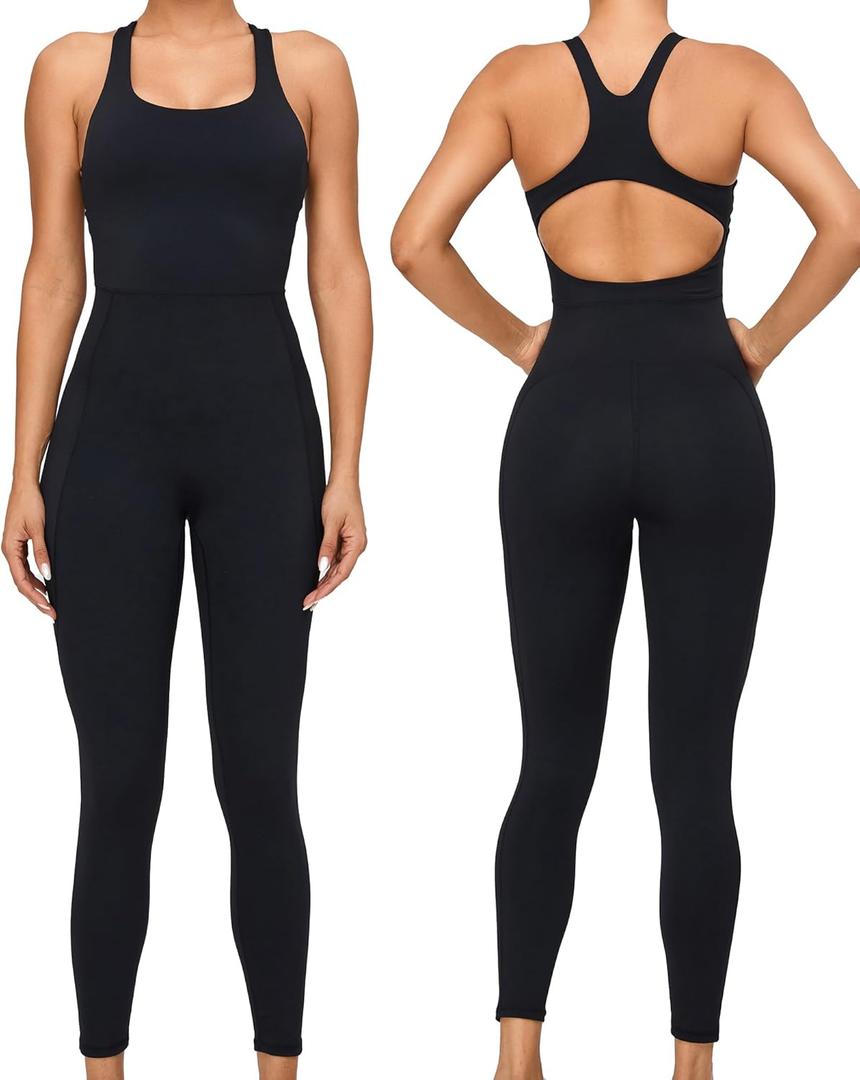 RUNNING GIRL One Piece Jumpsuit, Yoga Bodycon Ribbed Jumpsuit with Tummy Control Bodysuits for Women Full Length (Medium, 2986-jet Black)
