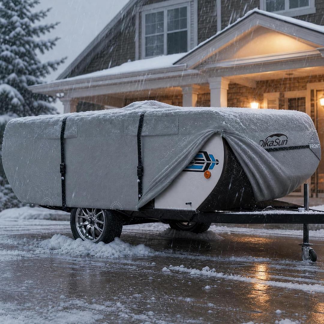 Pop Up Camper Cover 10'-12', Upgraded 9-Layers Top Waterproof Pop-up Tent Trailer Cover Anti-UV Folding Camper RV Cover for Motor Home Winter Snow Protection