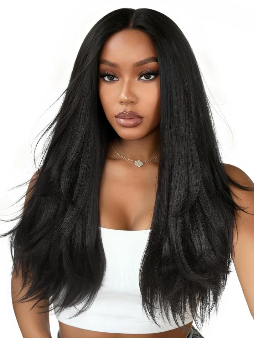 FAVE 26 Inch Yaki Curly V Part Wig Glueless Layered Half Wigs for Black Women Lightweight Synthetic Wigs Heat-Resistant Hair Replacement Wig Wear And Go