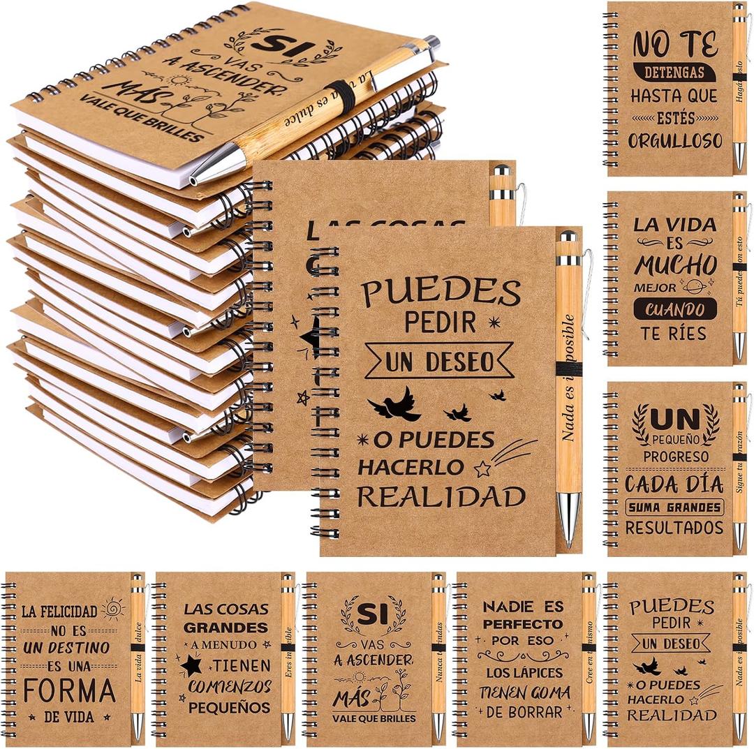 32Pcs Spanish Inspirational Spiral Notebook with Bamboo Pens Motivational Mini Notepads Regalos En EspañOl Journal Inspirational Gifts Bulk for Employee Teacher Appreciation Team Office