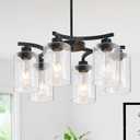6-Light Modern Farmhouse Black Chandeliers for Dining Room,20.8" Kitchen Island Black Chandelier Over Table,Adjustable Height Hanging Pendant Lights,Clear Glass Shade Ceiling Light Fixture