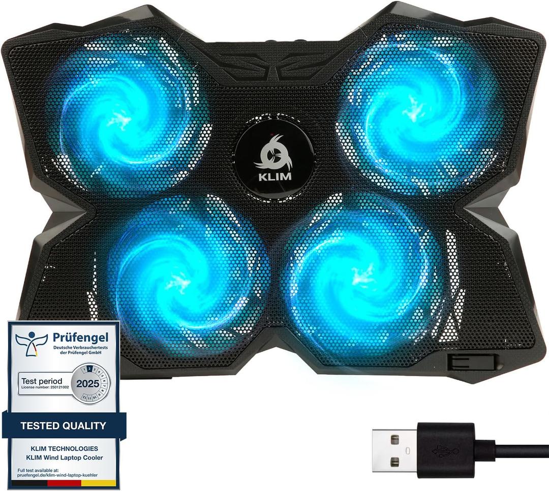 KLIM Wind Laptop Cooling Pad - More Than 500 000 Units Sold - New Version - The Most Powerful Rapid Action Cooling Fan - Laptop Stand with 4 Cooling Fans at 1200 RPM - USB Fan - PS5 PS4 - Cyan (Turquoise)