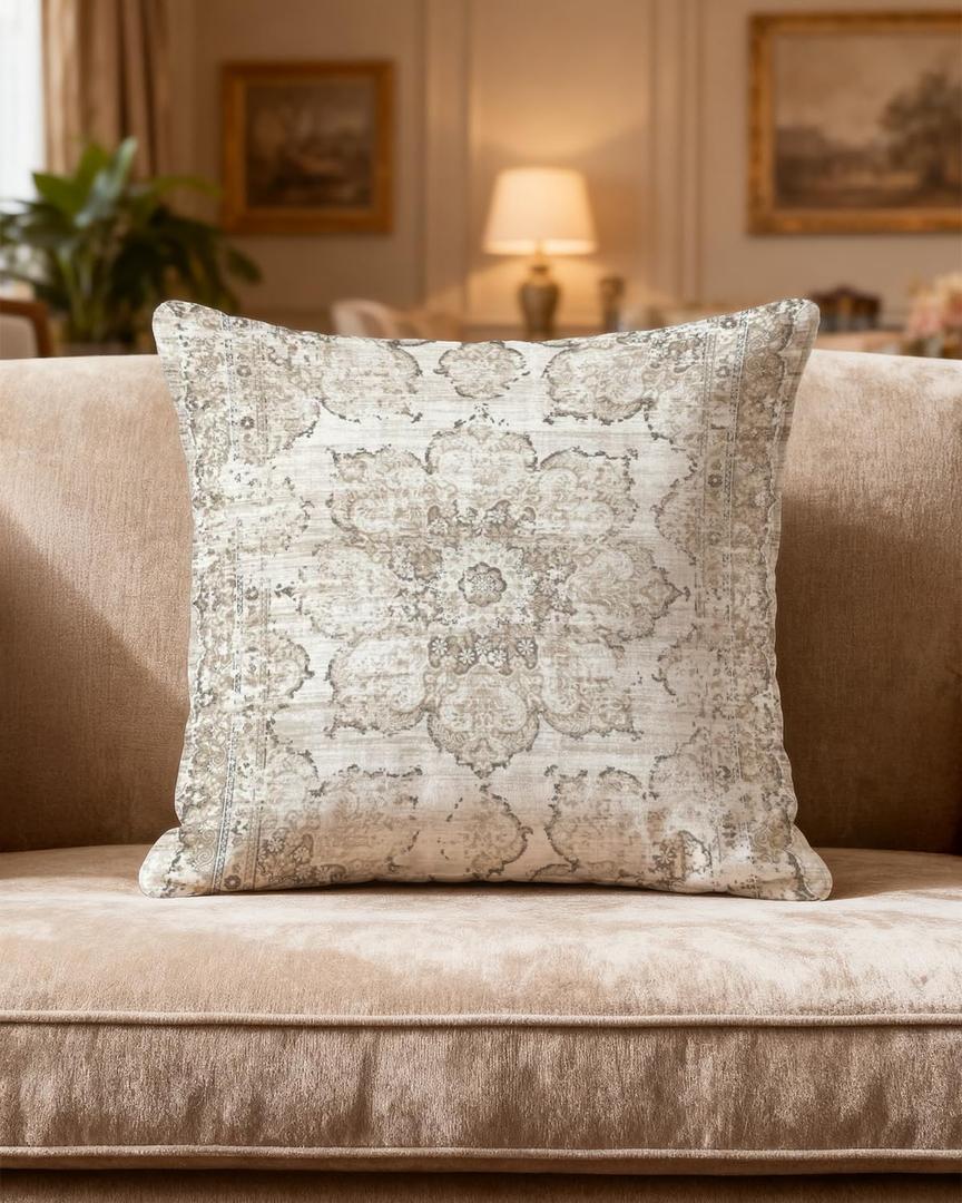 Boho Pillow Cover 18x18  Vintage Neutral Beige & Cream Throw Pillow Case with Distressed Medallion Rug Pattern  Farmhouse Rustic Cushion for Couch, Living Room or Bedroom Decor