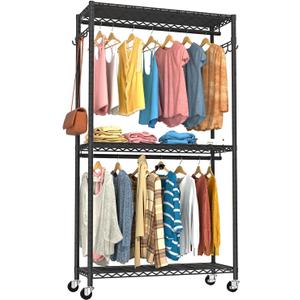 Clothes Rack, Clothing Racks for Hanging Clothes, 3 Tiers Adjustable Garment Rack with Wheels | Double Rods | Side Hooks | Heavy Duty | Load 445lbs | 15.7" D x 35.43" W x 78.34" H | Black