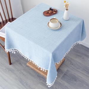 Linen Square Tablecloth 52 x 52 Inch Light Blue Washable Wrinkle Resistant Table Cloths with Tassels Farmhouse Decorative Burlap Fabric Table Cover for Wedding Camping Party Holiday