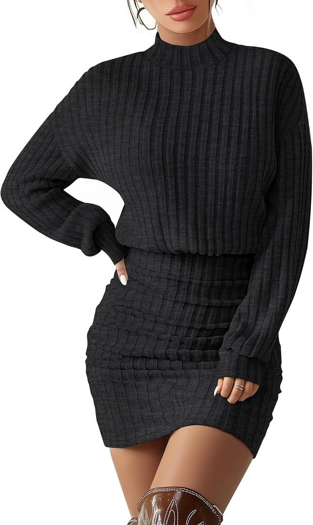 Women's Pullover Sweater Dress Long Lantern Sleeve Ribbed Knit Mock Neck Ruched Bodycon Casual Mini Dress 2025 (Black) Small
