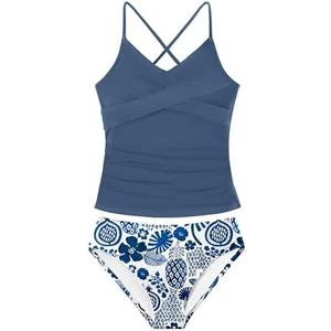 Girls Swimsuit Tankini Criss Cross Ruched 2 Piece Bathing Suit Printed Girl Swimwear for Teens, 13/14Y