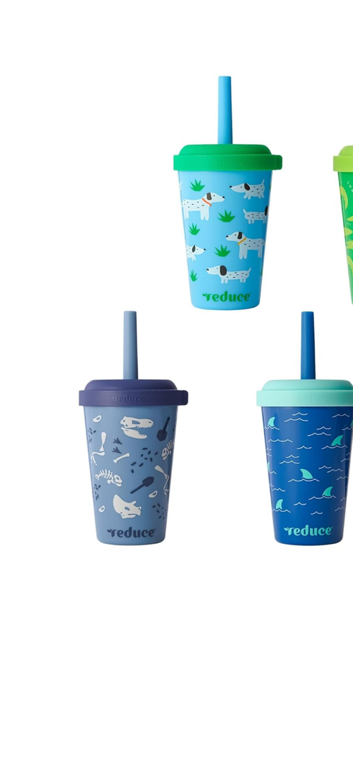 REDUCE GoGo's Kids Portable Tumbler Cups with Lids and Spill-Proof Straws - 3 Pack of Stackable 12 oz Tumblers with Twist-On Lids - Easy Storage, Dishwasher Safe - Scavenger Boy Set