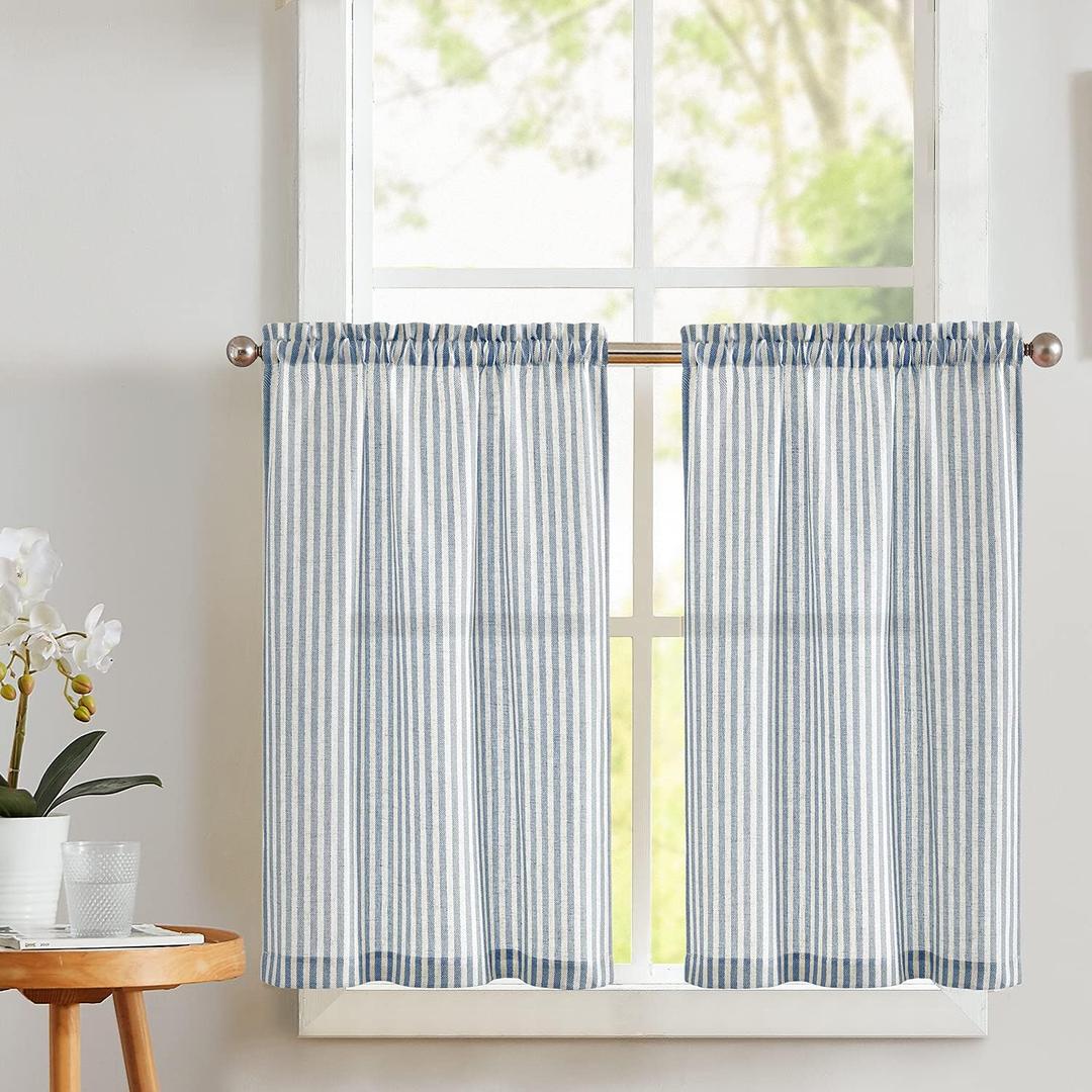 Vangao Stripe Farmhouse Kitchen Curtains 36 Inch Length Linen Cafe Curtains Ticking stripe Tier Drapes Pinstripe Semi-Sheer Small Window Treatments Rod Pocket, 2 Panels, Blue on Beige