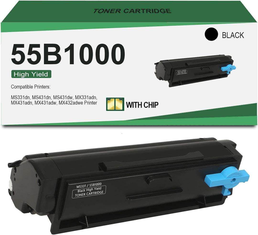 55B1000 Black Toner Cartridge (with Chip) for Lexmark 55B1000 High Yield Toner Compatible MS331dn MS431dn MS431dw MX331adn MX431adn MX431adw MX432adwe Printer (1 Pack)
