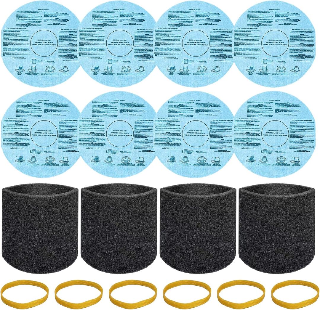 8 Pack 90107/90137 Reusable Dry Filters and 4 Pcs 90585 Foam Sleeve Filter Kit Replacement for Shop Vac 5 Gallon and Above Wet/Dry Vacuum, Part# 9010700, 9013700, 9058500, with 6 Retaining Bands